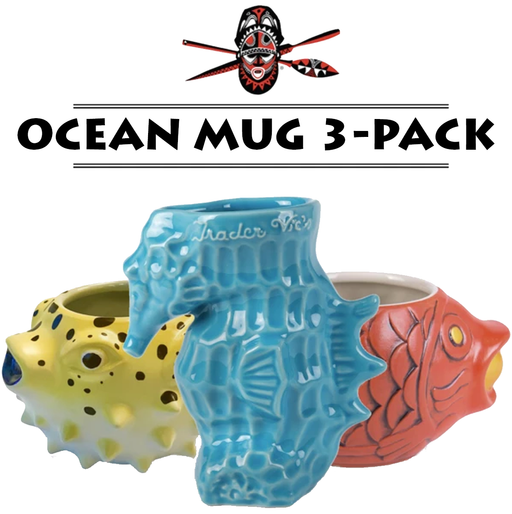 Whether you want to add more Tiki Mugs to your collection or even buy your friends/family a gift, this Tiki Mug 3-Pack features the following 3 mugs all in one big pack!  The Tiki Mug 3 Pack includes: - 1 Blowfish Mug - 1 Seahorse Mug - 1 Koi Mug  *Offer only available online*